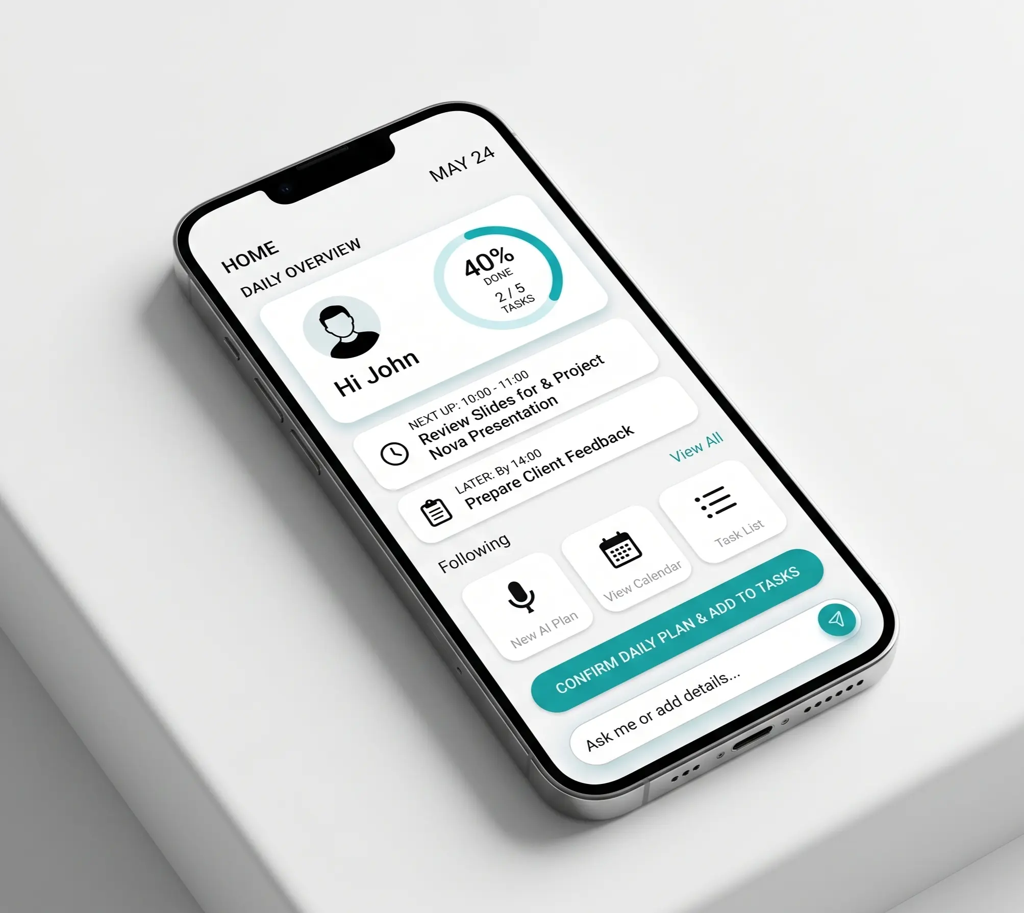 todoa home screen with daily overview and quick actions