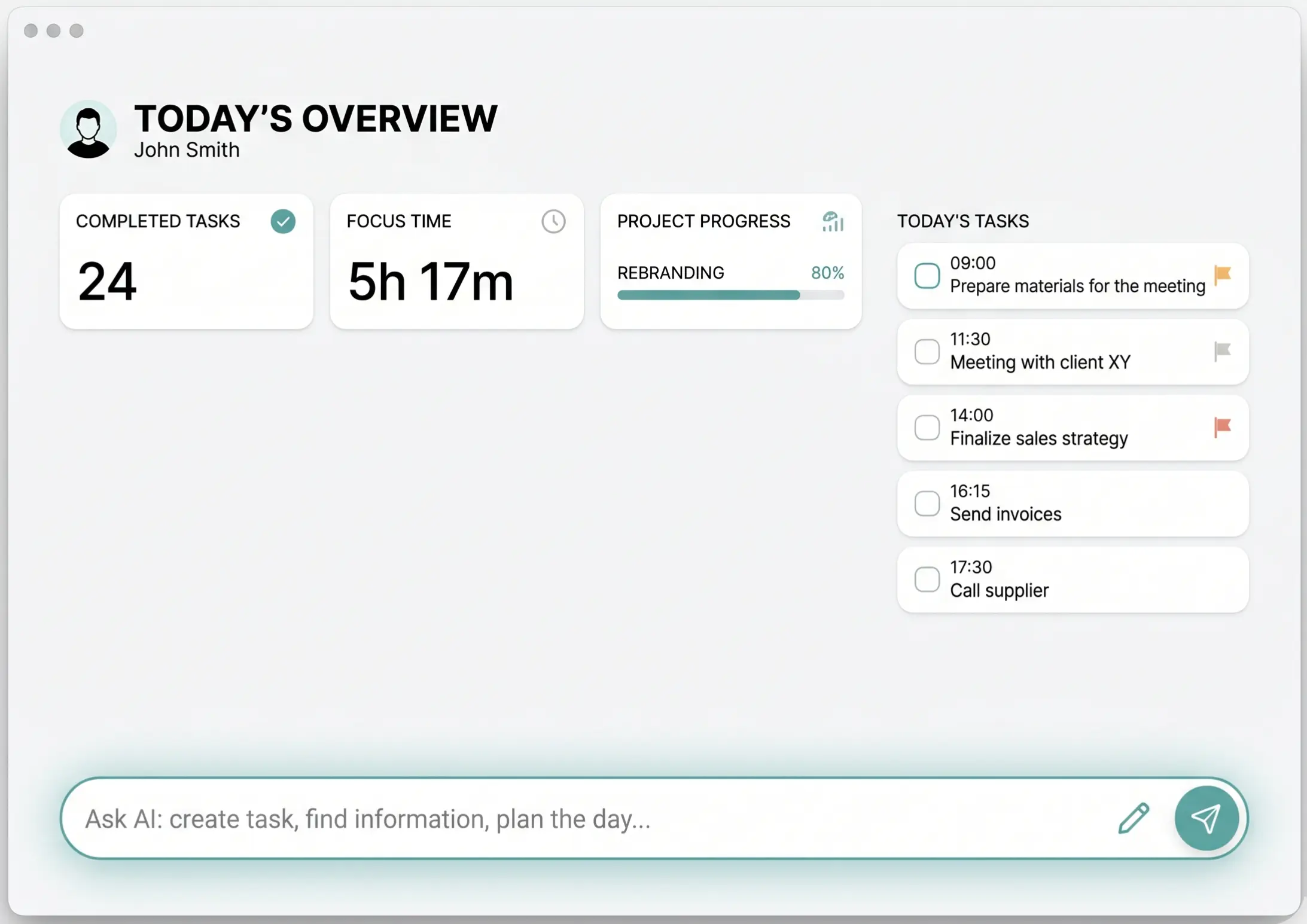 Main todoa screen with daily overview, dashboards, and AI panel
