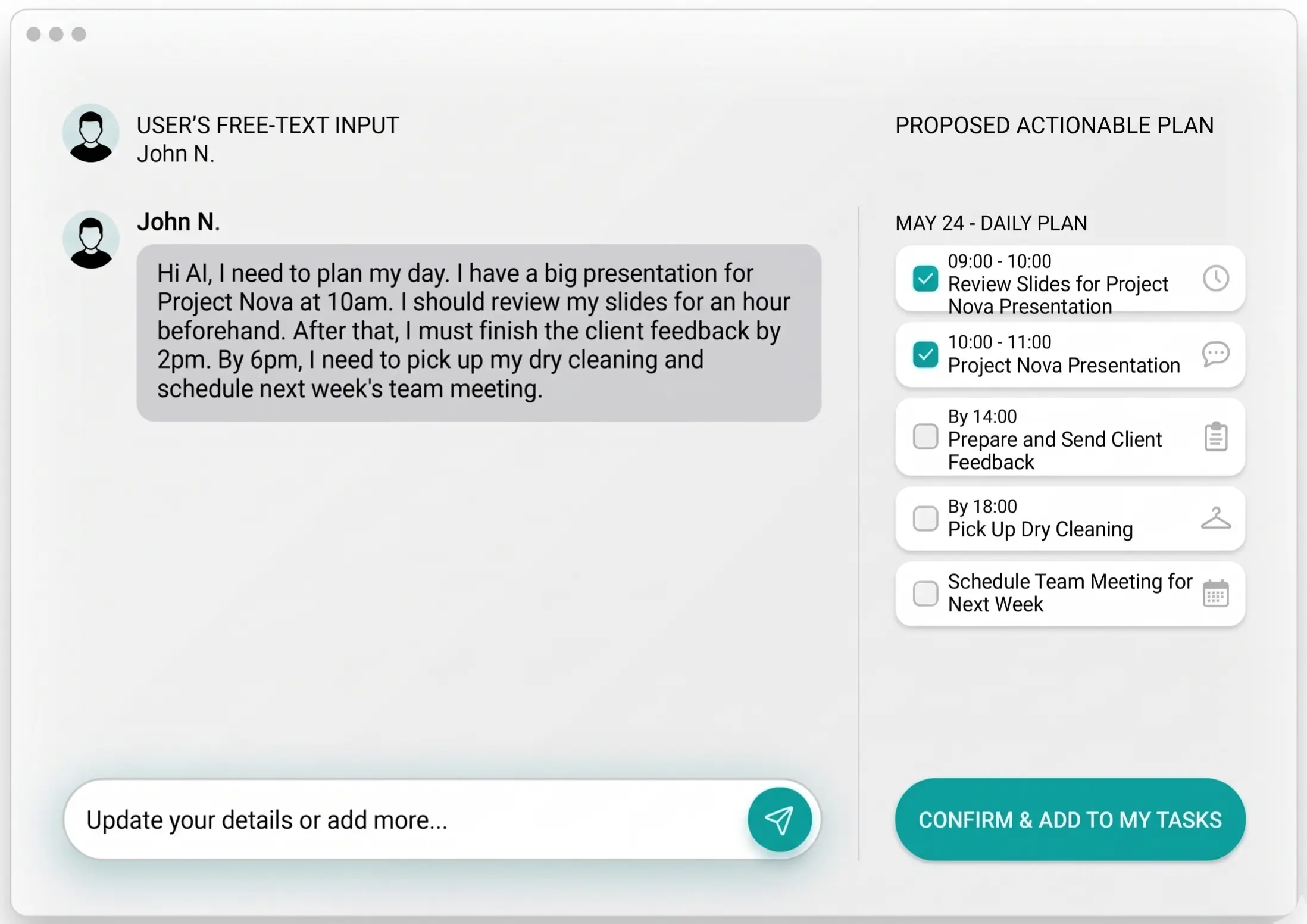 AI chat in todoa converting user input into a concrete task plan